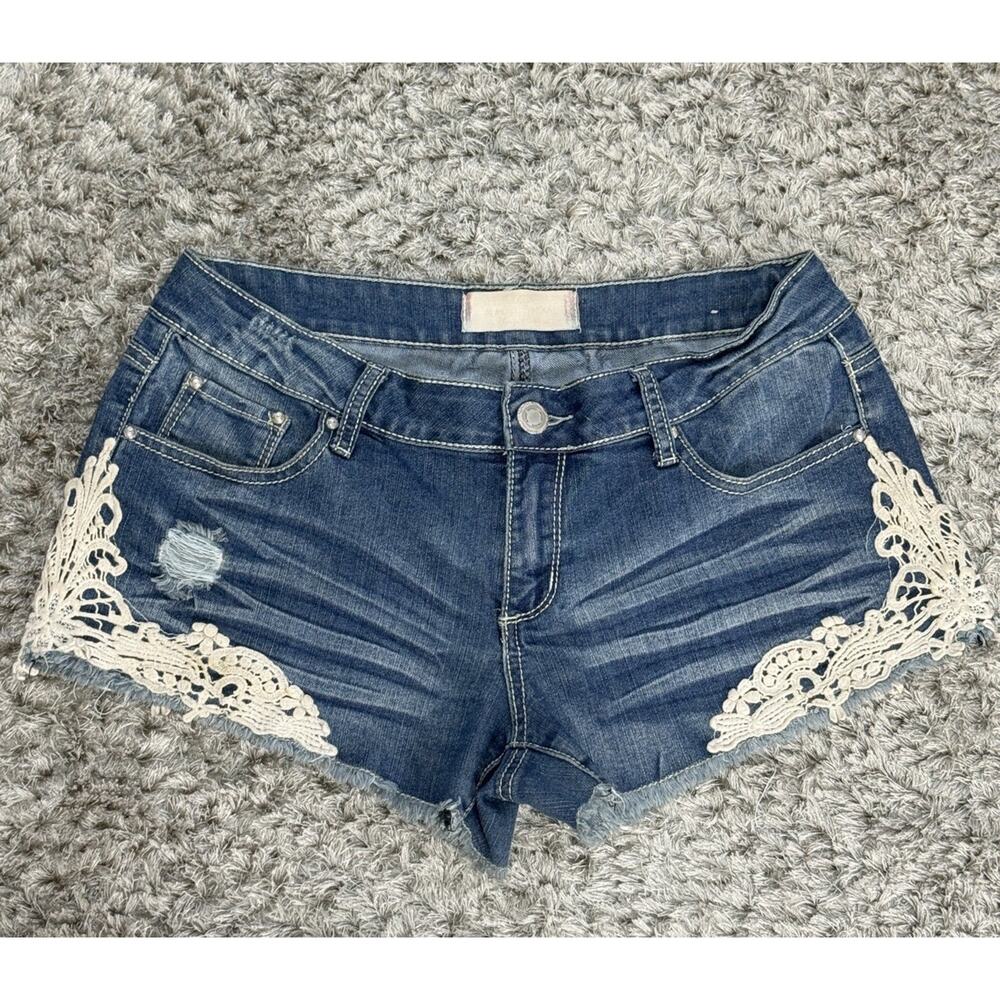 Almost Famous Distressed Jean Short Shorts Juniors Denim Crochet Dark Size 11